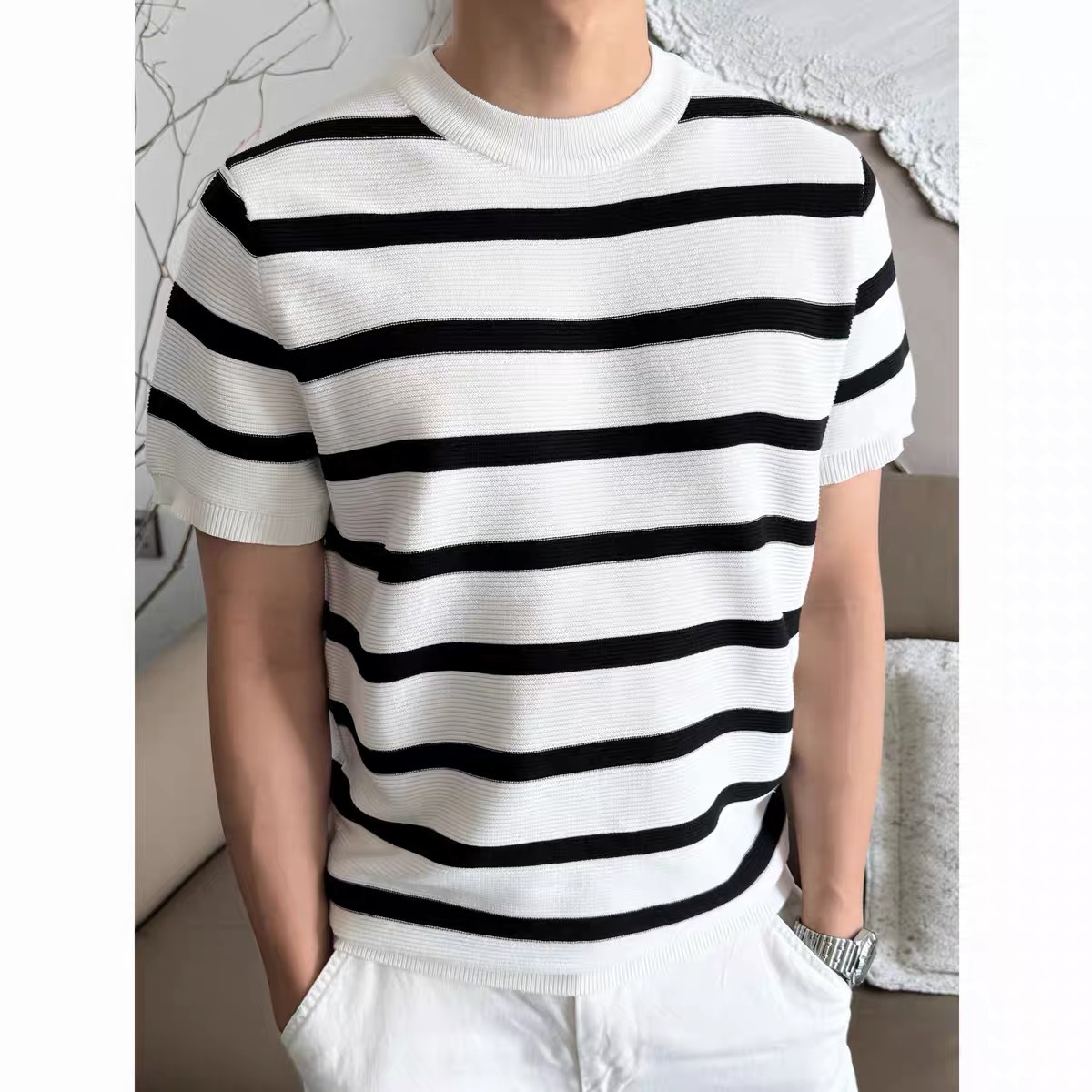 Prendas de punto de manga corta a rayas para hombres, seda de hielo de verano, traje delgado de negocios británico, camiseta interior, comercio exterior, venta al por mayor transfronteriza