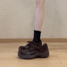 牛皮版~厚底增高复古乐福鞋女秋冬新款系带圆头小皮鞋英伦风单鞋