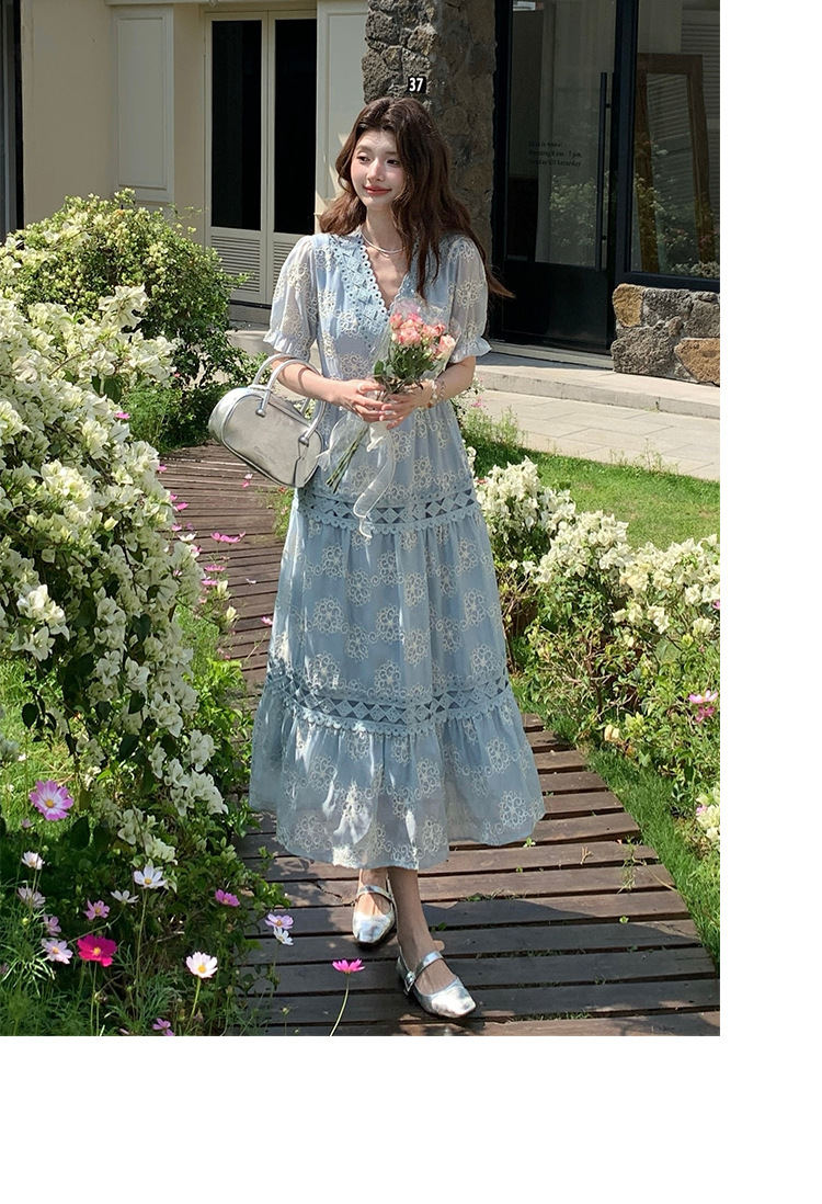 Đầm maxi nữ tay bồng ren hoa V cut-out phong cách Pháp cung đình — xanh lam, màu hồng, màu mơ chi tiết 33
