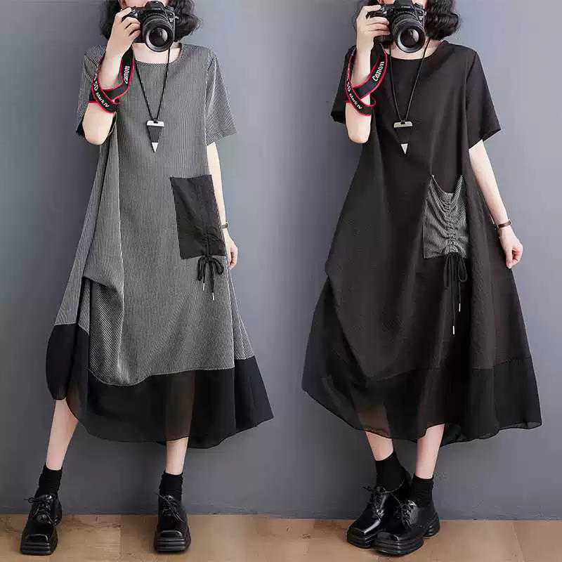 Summer retro dress, plus size, with short sleeve
