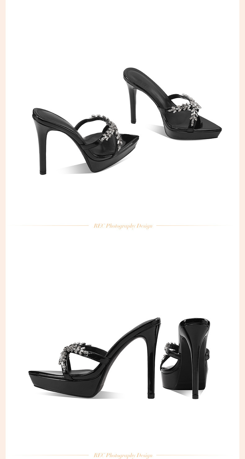 Sandal cao gót nữ mũi nhọn hở ngón đính đá rhinestone, gót 10 cm, đế platform — Màu nude 10cm chi tiết 12