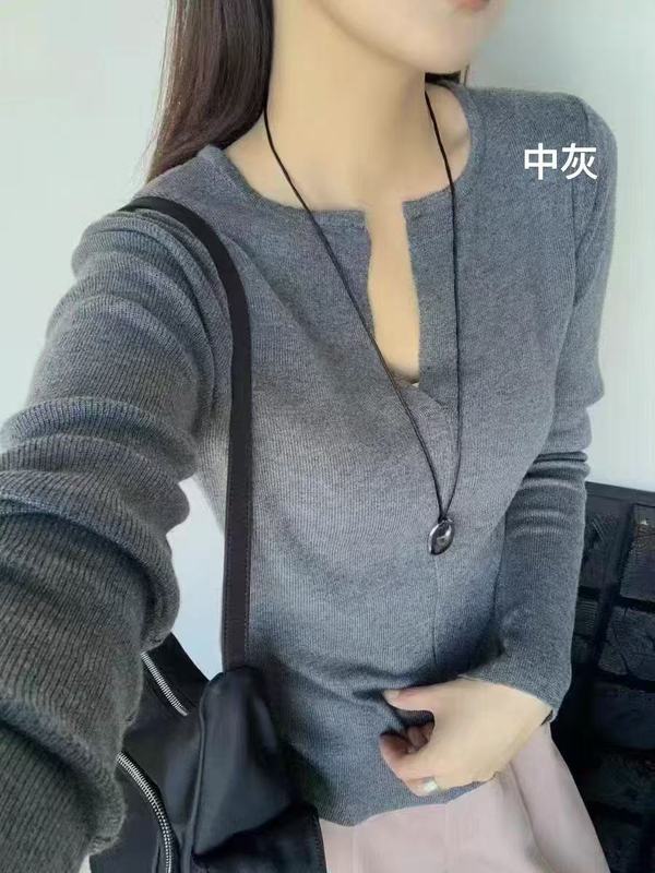 2025新款修身百搭V领针织打底衫女秋季薄款内搭毛衣长袖别致上衣|undefined