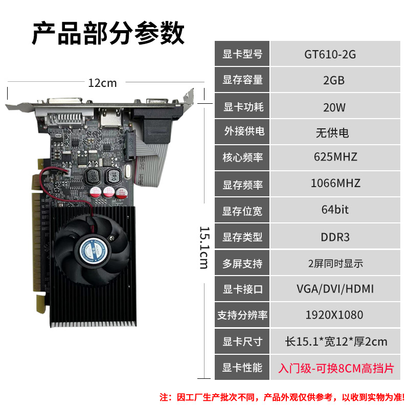 华智全新包装GT610 2G DDR3显存小机箱半高双屏入门显卡质保2年