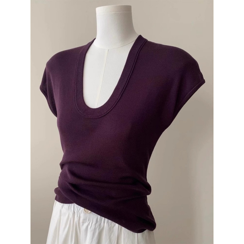 Purple U-Shoulder Ice Silk Knitted Short-Sleeved T-Shirt Women's Summer Design Sense Slim-Fit Super Beautiful Unique Beautiful Top Purple U-Shoulder Ice Silk Knitted Short-Sleeved T-Shirt Women's Summer Design Sense Slim-Fit Super Beautiful Unique Beautiful Top