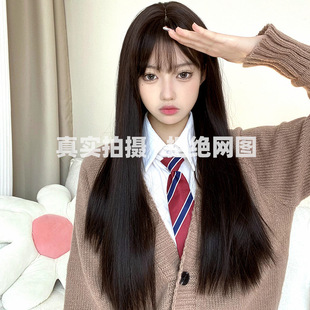 Wig lisa the same female long hair long hair straight head Net Red natural full black long straight bangs in stock