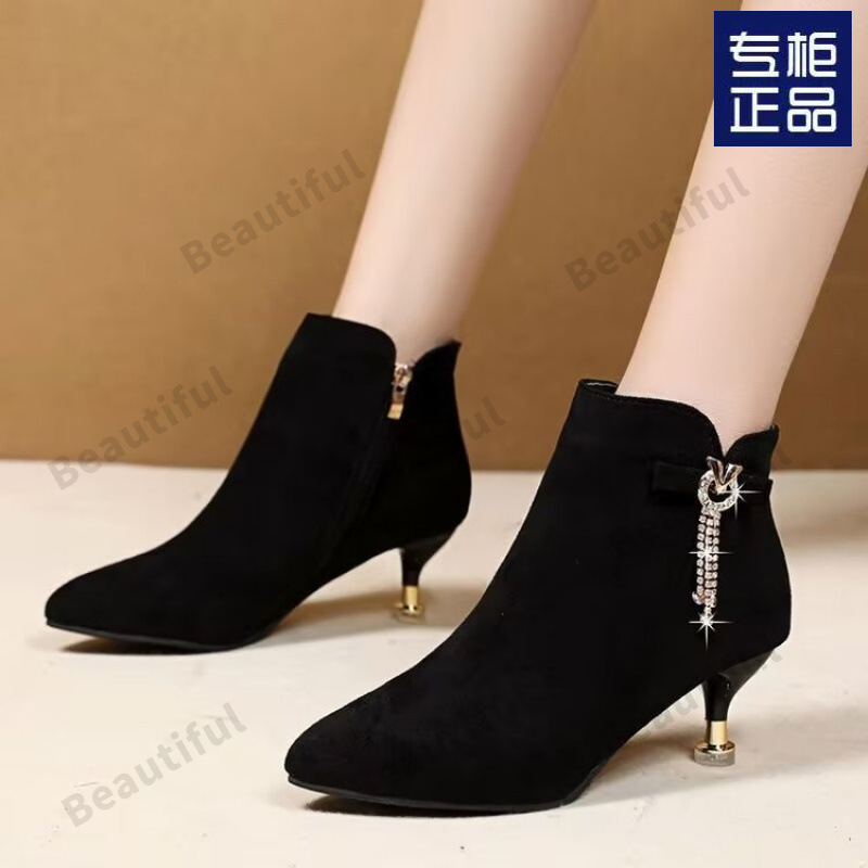 Low-Heeled Short Boots for Women, High-Heeled Shoes, Women's Martin Boots, Rhinestone Mid-Heel Pointed-Toe Autumn and Winter Boots, Versatile and Fashionable for Women