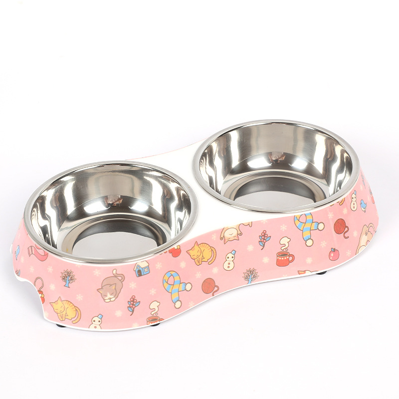 En stock al por mayor de acero inoxidable Impresión de melamina PET doble tazón de acero inoxidable dos en uno Pet Bowl perro tazón de fuente de comida
