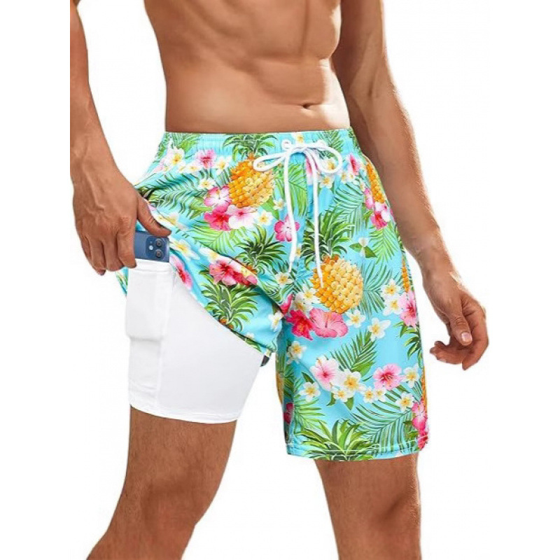 2025 New Summer Cross-Border Beach Pants Men's Export Sports Trendy 3D Digital Printing Double-Layer Shorts