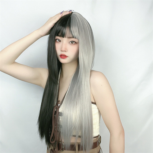 Wig female air bangs long straight hair black and red color matching yin and yang color high temperature silk wig headgear wholesale