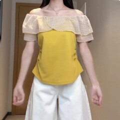 韩系别致短款T恤女小众独特绝美短袖夏季荷叶边一字肩设计感上衣