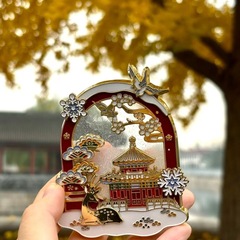 FX北京文创故宫飘雪流沙金属冰箱贴麋鹿听雪可旋转新年纪念品礼物
