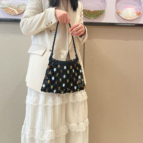 Summer New Style Holiday Casual Beach Bag for Women, Handmade Wax Rope Woven Bag, Niche Ethnic Style Beaded Handbag