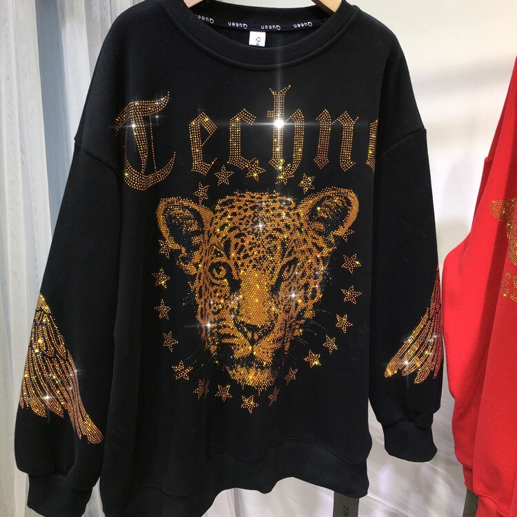 Extras Size 1.00 kg-150.00 kg chubby girl European Heavy Industry Hot Drilling Sweatshirt Women's Aggressive Leopard Light Luxury Round Neck Loose Top