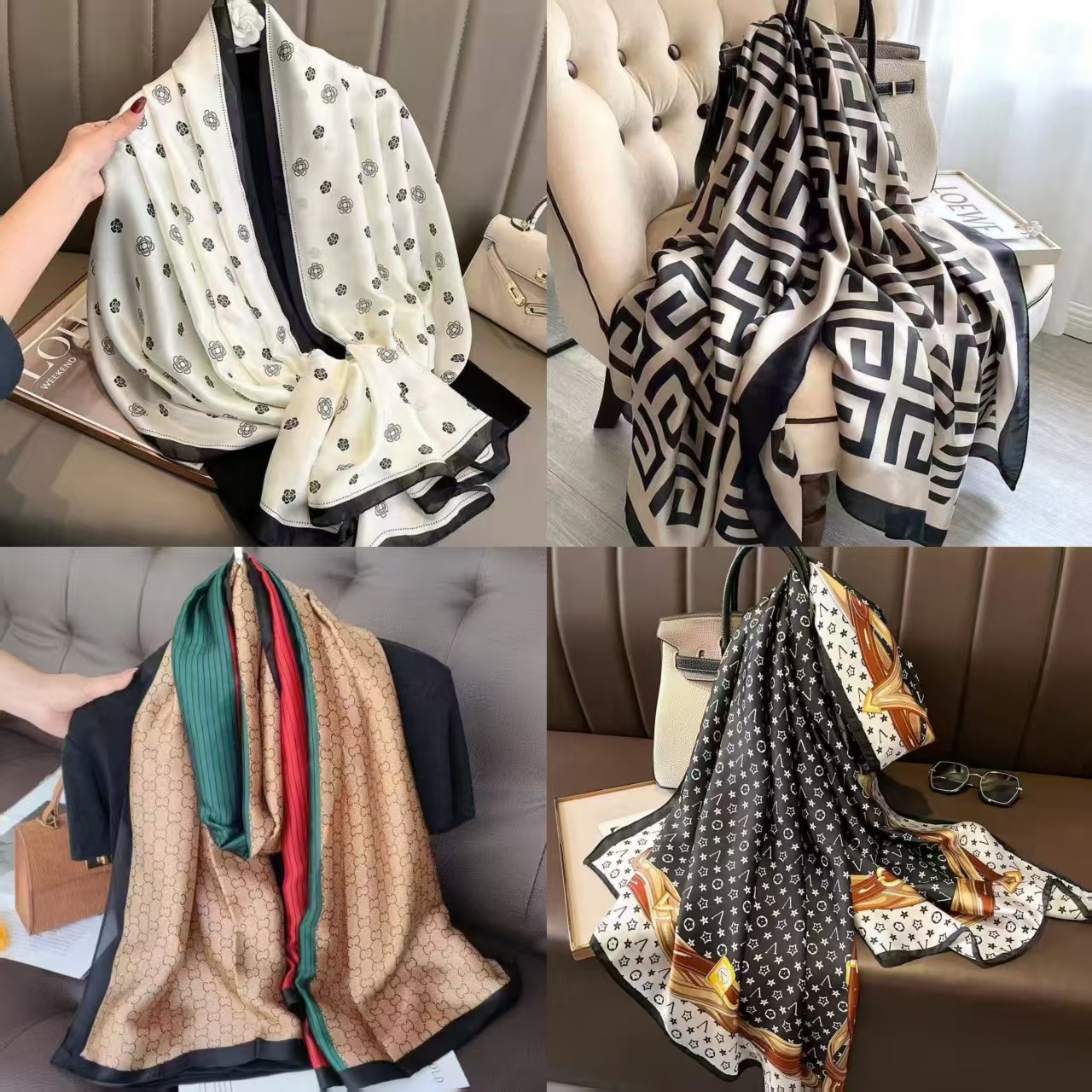 Spring and Autumn Dual-Use Elegant Imitation Silk New European and American Style Versatile Artistic Retro Large Square Scarf Summer Sun Protection Shawl