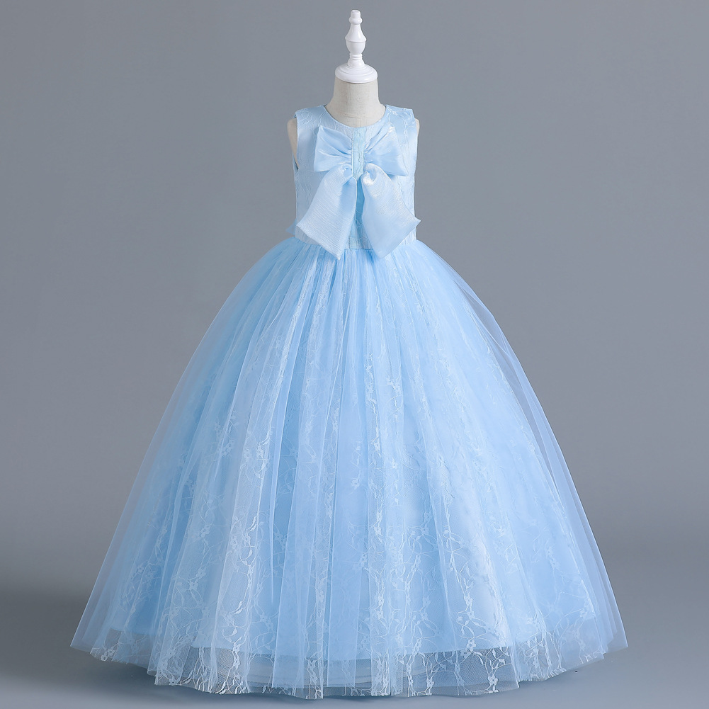 Niñas de encaje arco grande cumpleaños etapa rendimiento vestido de noche medio y grandes niños rendimiento largo mullido vestido lote