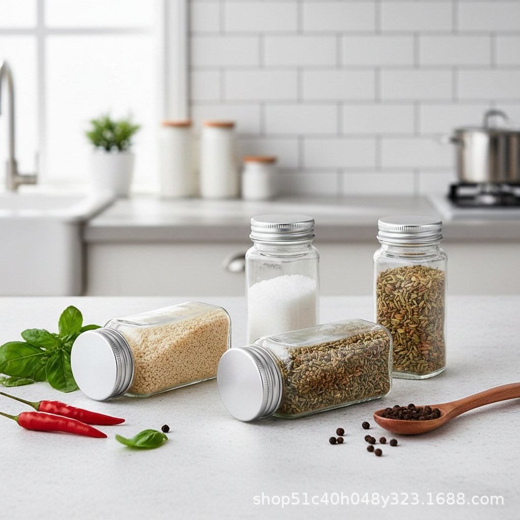 Botella de almacenamiento de cocina con cubierta de la lata de especias de vidrio, botella de sellado de cuatro piezas, botella de distribución de comino