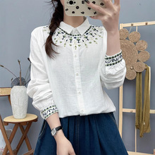双层棉纱长袖衬衫女宽松春装民族风刺绣小花纯棉柔软女士衬衣上衣