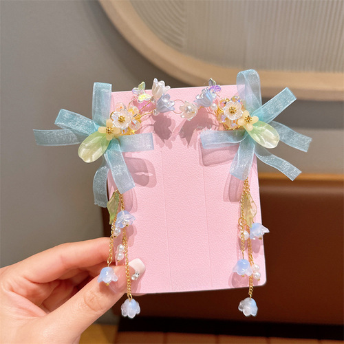 New Children's Hanfu Hair Accessories with Flower and Butterfly Design, Ancient Style Headwear with Vintage Tassels and Flowing Ribbons, Traditional Costume Hair Clips, Tang Dynasty Style Decorations