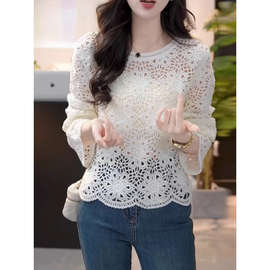 高级感镂空钩花针织衫女装大春夏喇叭长袖衣防晒罩衫