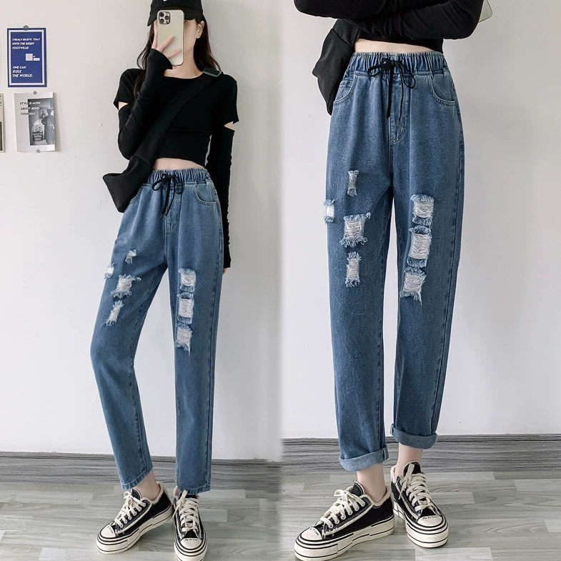 200 кг 300 кг 350 кг джинсы очень больших размеров женские весенне-осенние толстые рваные шаровары сестры