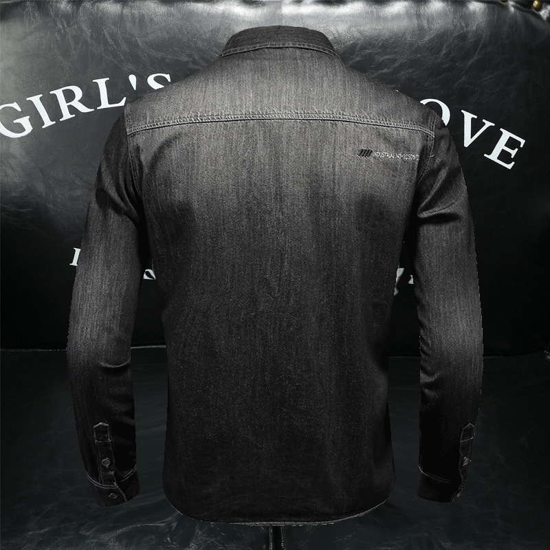 QT5027/V2227/ Camicia in denim nera da uomo in stile europeo e americano con ricamo di lettere a più punti_voghion.com