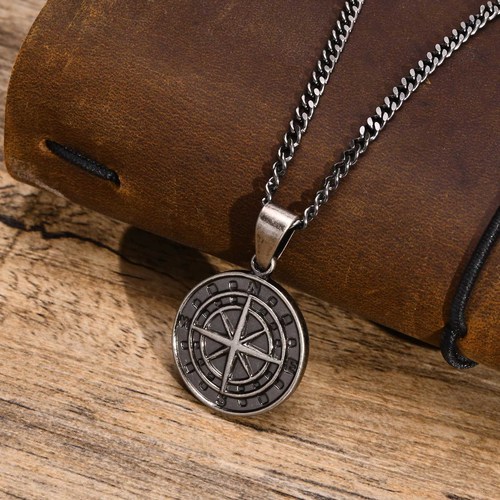Stainless steel compass pendant gold coin compass men hip hop necklace jewelry wholesale PN-1527