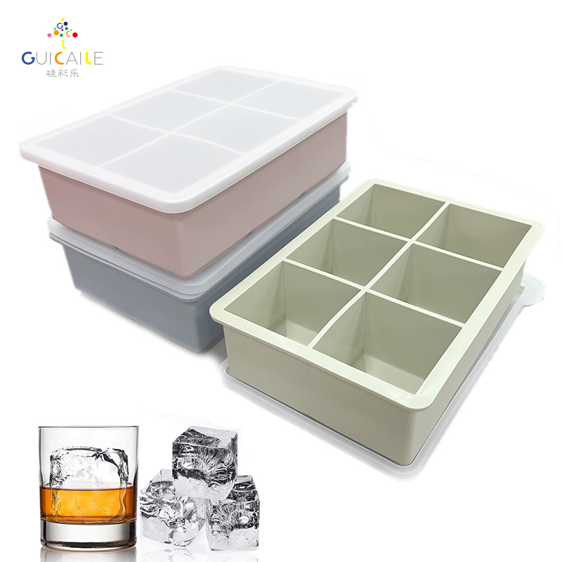 Molde de bandeja de hielo cuadrada de silicona de grado alimenticio de 6 compartimentos con tapa, caja de hielo para cubitos de whisky, juego Morandi listo para la venta