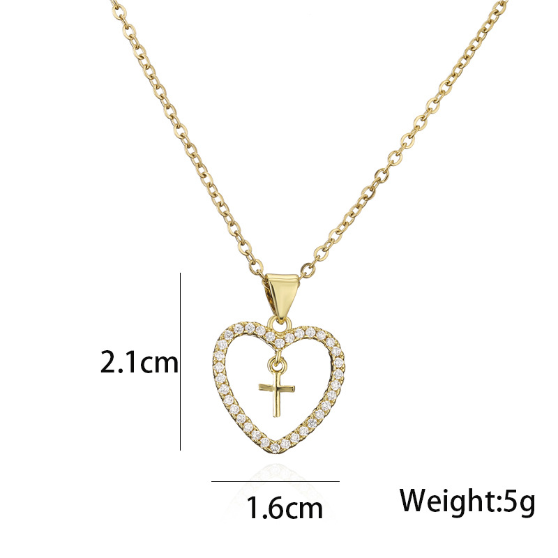 Fashion Copper Micro-inlaid Zircon Jewelry New Gold Heart Cross Pendant Necklace display picture 1