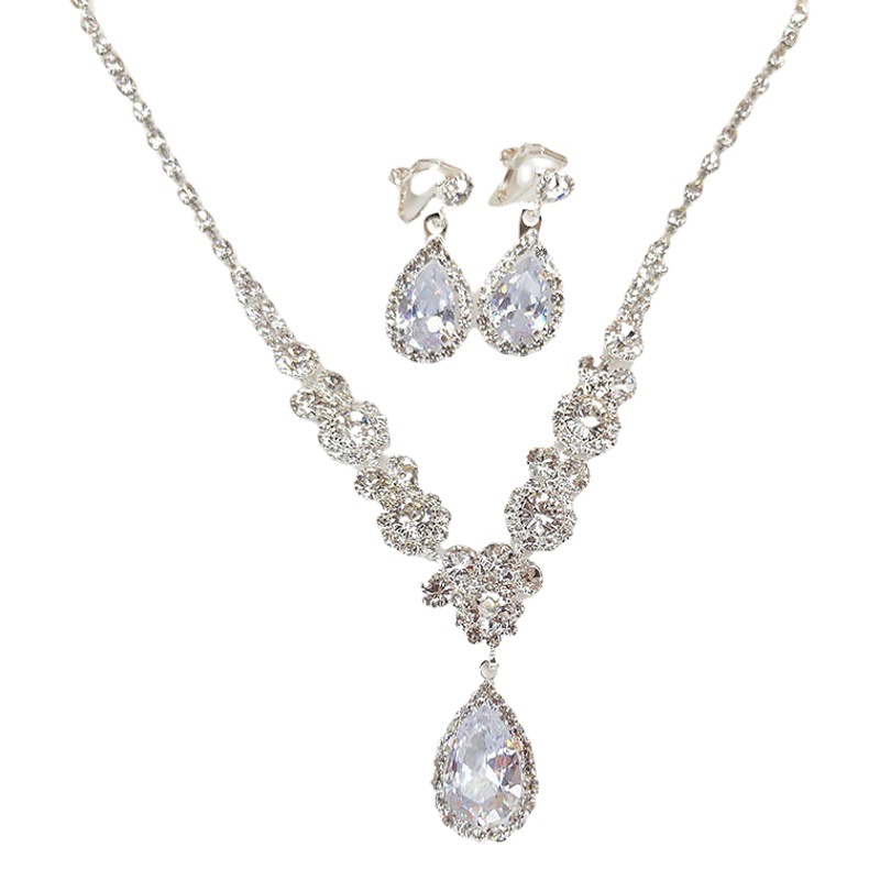 Joyería nupcial de la boda traje de tres piezas conjunto brillante rhinestone ZIRCON Ángel lágrima collar pendientes pulsera