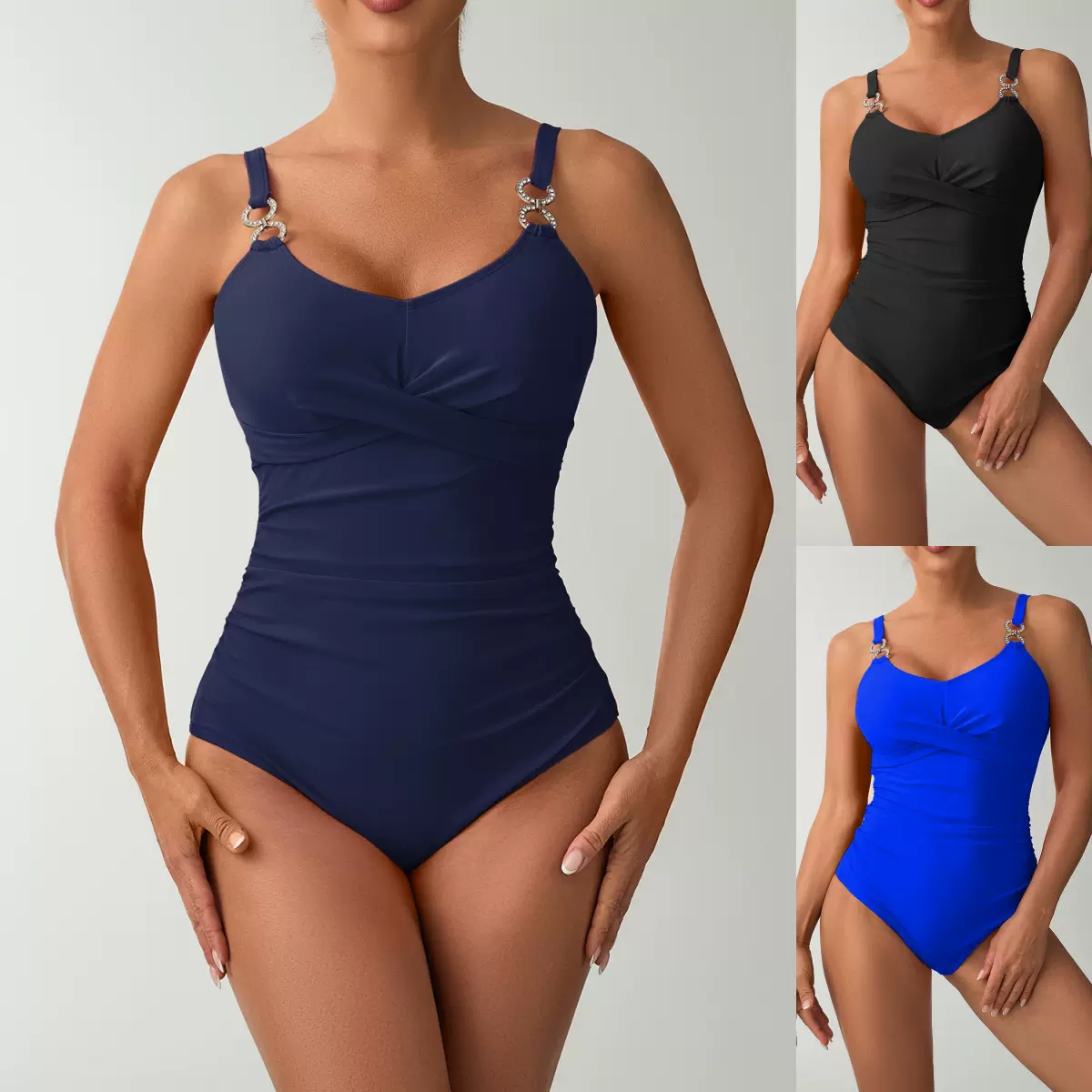 欧美钻石扣饰速干连体泳装2026新款兴城外贸批发女士纯色连体泳衣
