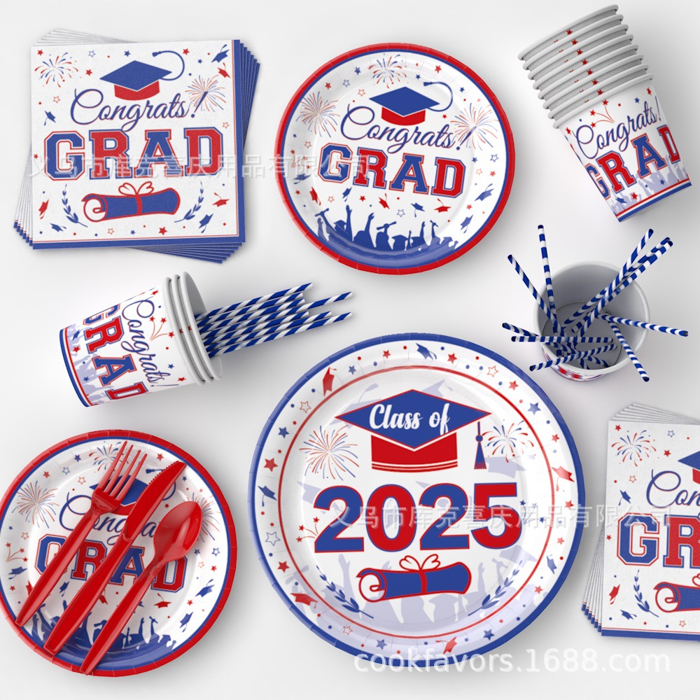 2025 temporada de graduación roja y azul fiesta decoración de la fiesta de graduación bandeja de papel desechable tazas de papel toallas de papel cubiertos