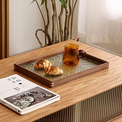 批發復古海棠花玻璃木托盤家用長方形茶盤桌面水杯收納盤胡桃木點