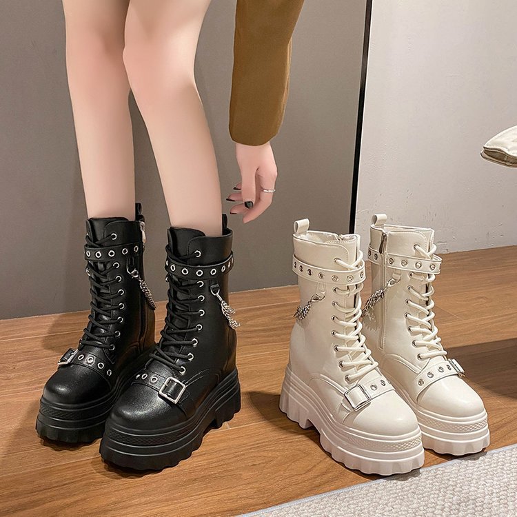 Autumn Thick-Soled Platform Non-Slip Height-Increasing Trendy Ins Non-Slip Solid Color Women's High-Heeled Boots