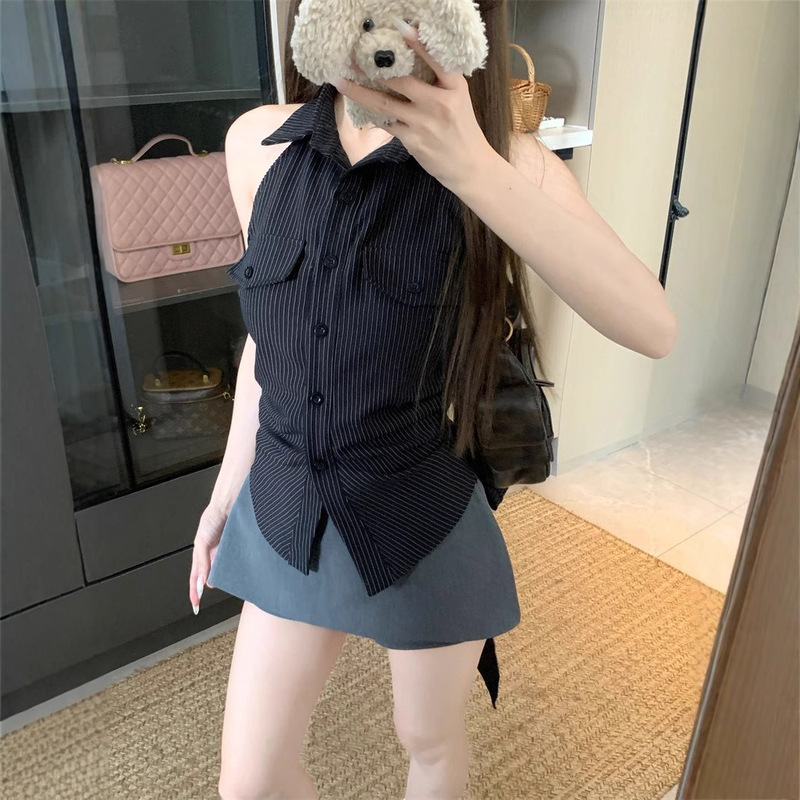 Korean Style Black Sleeveless Striped Shirt Women's Summer Design Backless Waist Lace-up Shirt Short Hot Girl Top Korean Style Black Sleeveless Striped Shirt Women's Summer Design Backless Waist Lace-up Shirt Short Hot Girl Top