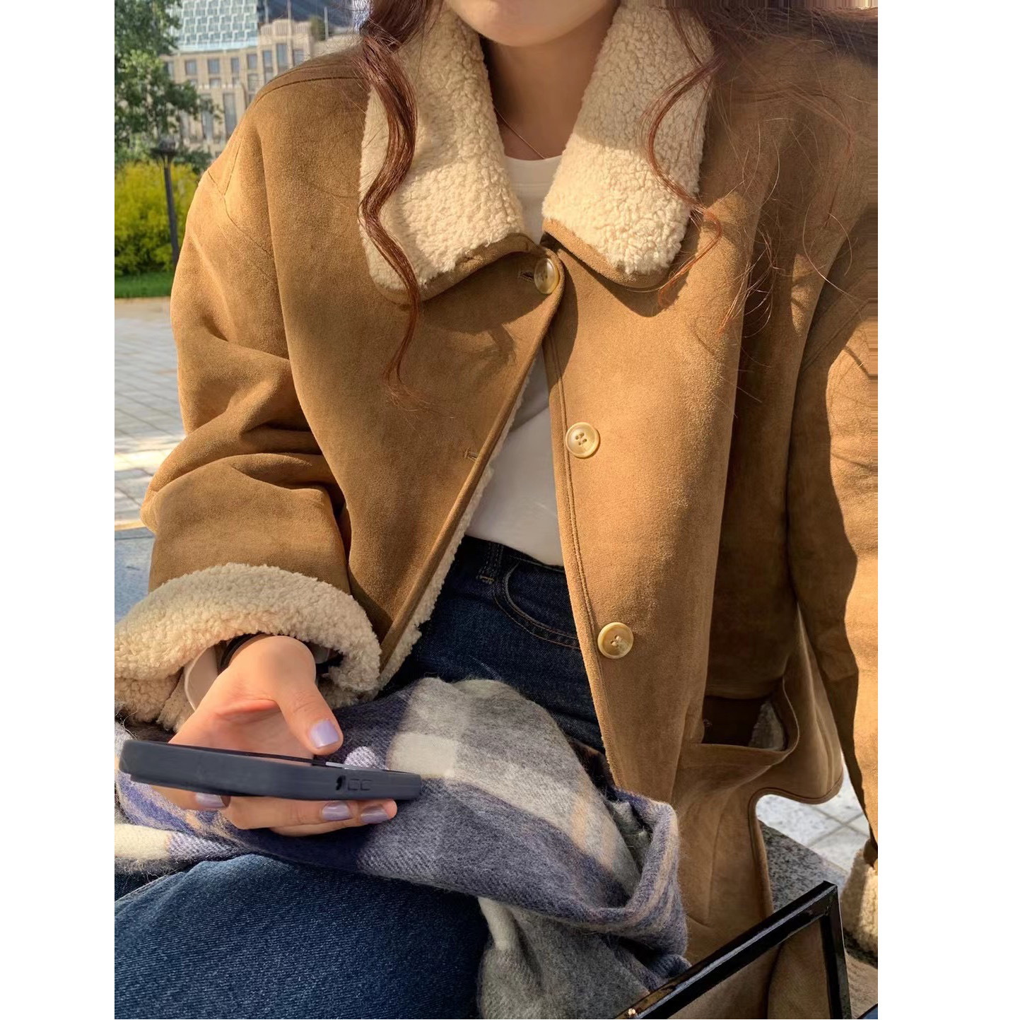 冬用厚手の綿入りジャケット、韓国風リバーシブルラムウールジャケット、襟付き、ダブルポケット、厚手で暖かい女性用トップス