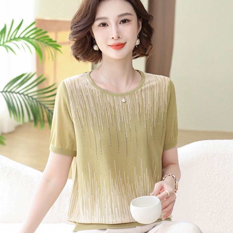 Mom's Summer Short-Sleeve Ice Silk T-Shirt Stylish Striped Blouse Set for Middle-Aged and Elderly Women Mother's Day Top