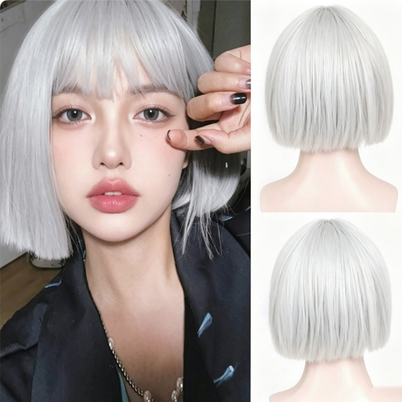 Wig Women's cos Cool Girl Harajuku Style Silver Secondary Cute Fluffy Chemical Fiber Fashion Short Straight Hair Full Head Cover Wig Women's cos Cool Girl Harajuku Style Silver Secondary Cute Fluffy Chemical Fiber Fashion Short Straight Hair Full Head Cover