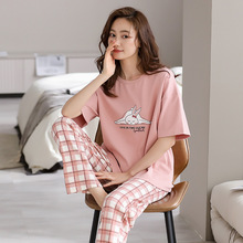 睡衣女夏纯棉短袖长裤时尚可爱少女学生可外穿家居服简约休闲舒适