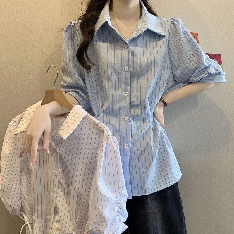 蓝色条纹女装法式短袖气质衬衫夏季大码2025收腰新款显瘦上衣白色|undefined