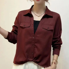 秋季衬衫女气质翻领法式捏褶洋气上衣女款假两件减龄显瘦短款衬衣