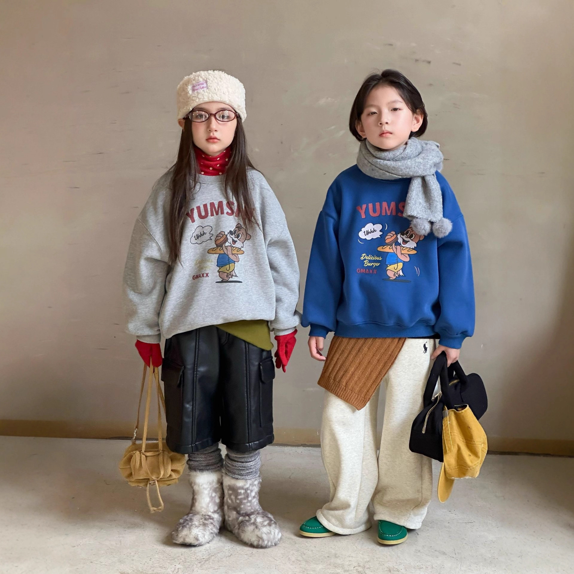 2025冬季新款韩版儿童卡通加绒卫衣男童女童可爱面包狗狗圆领上衣