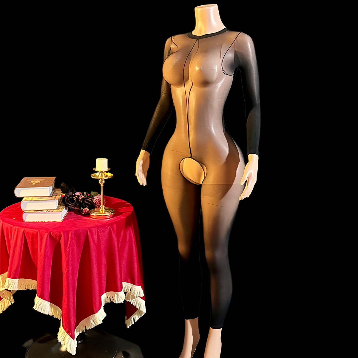 Lencería Sexy Enteriza de Manga Larga de Nailon de Perspectiva para Mujer