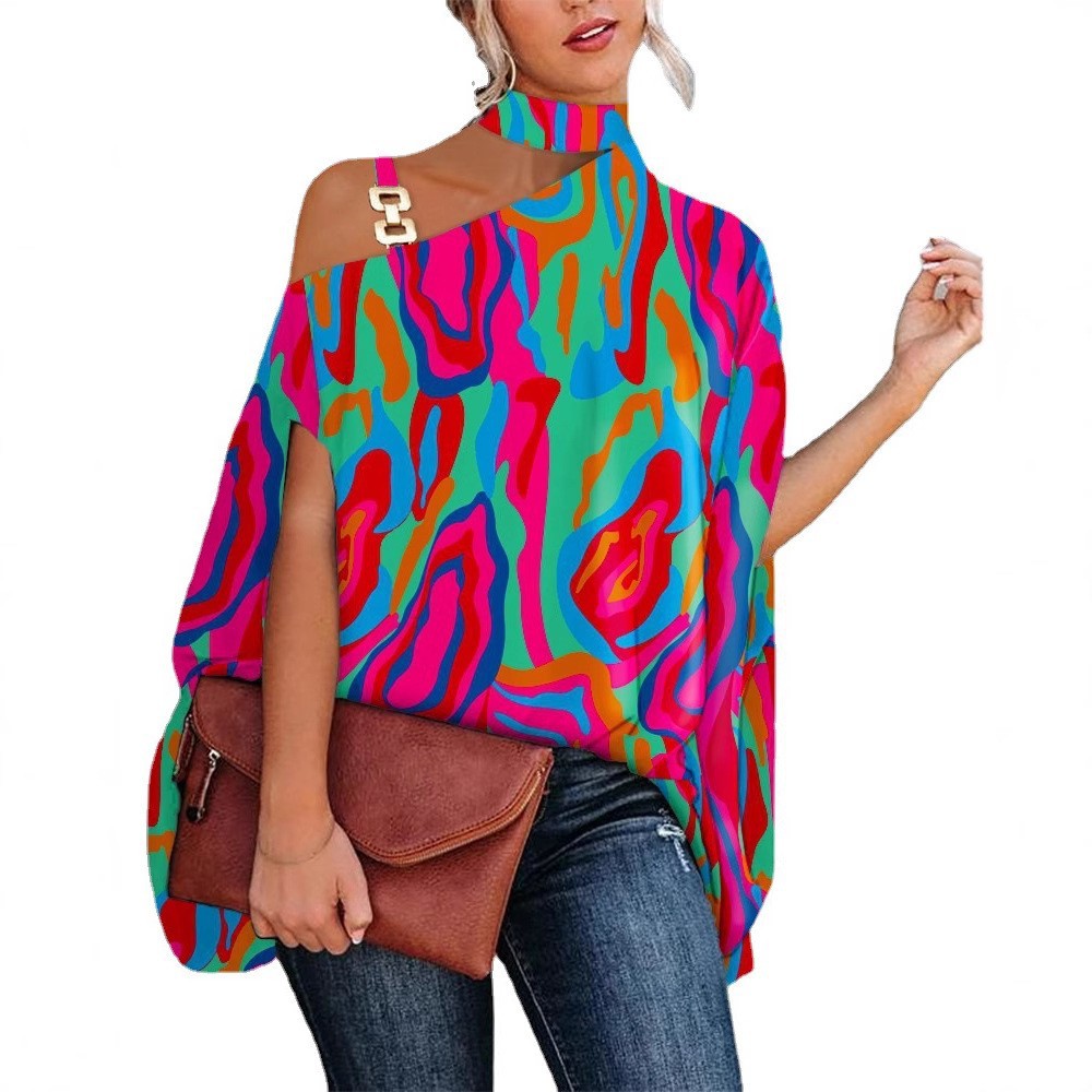 2022 estación independiente deseo Amazon popular verano Halter Batwing manga camisa impresa camisa de las mujeres ropa de mujer