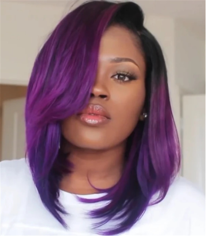 Européen Et Américain Dames Perruque Noir Violet Gradient Mi-longueur Bob Coupe De Cheveux Micro-volume Mi-longueur Cheveux Haute Température Fiber Perruque Tête Couverture En Gros display picture 5