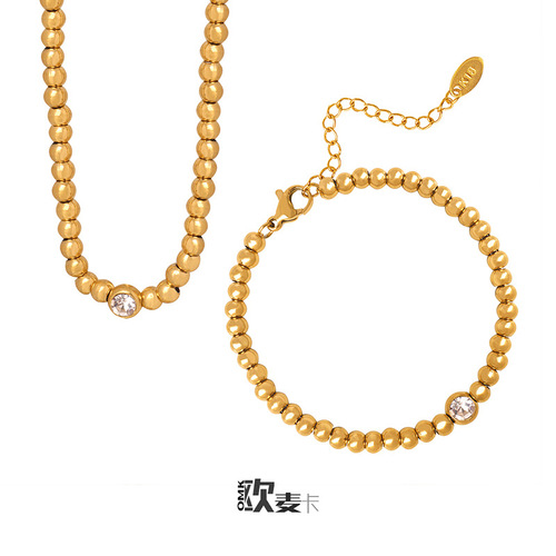 Chinese style ins trend titanium steel gold-plated beads personalized fashion necklace exquisite bracelet zircon pendant jewelry set