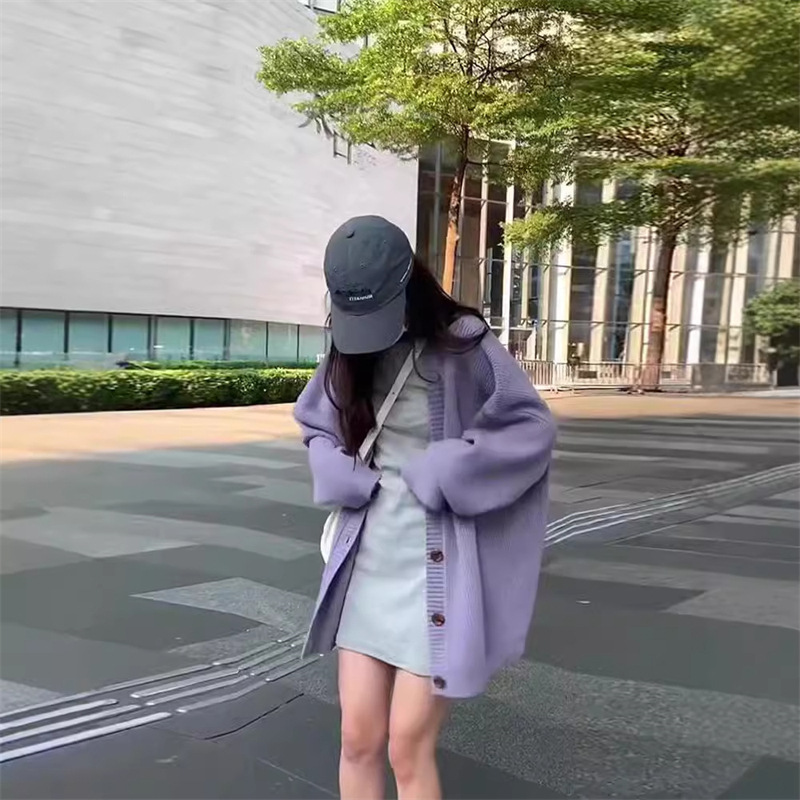 韩版慵懒风软糯毛衣外套秋冬季新款设计感纯色宽松百搭针织开衫女