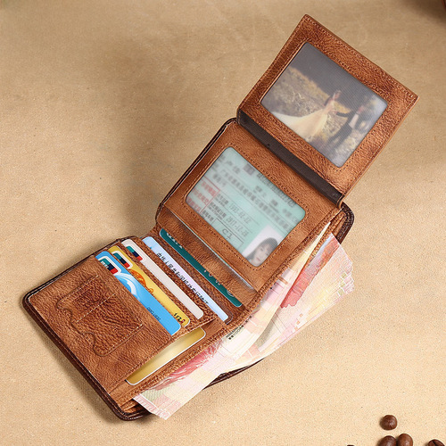 Cross-border agency Manbang men's wallet short style top grain leather brushed color classic three-fold RIFD anti-theft card 