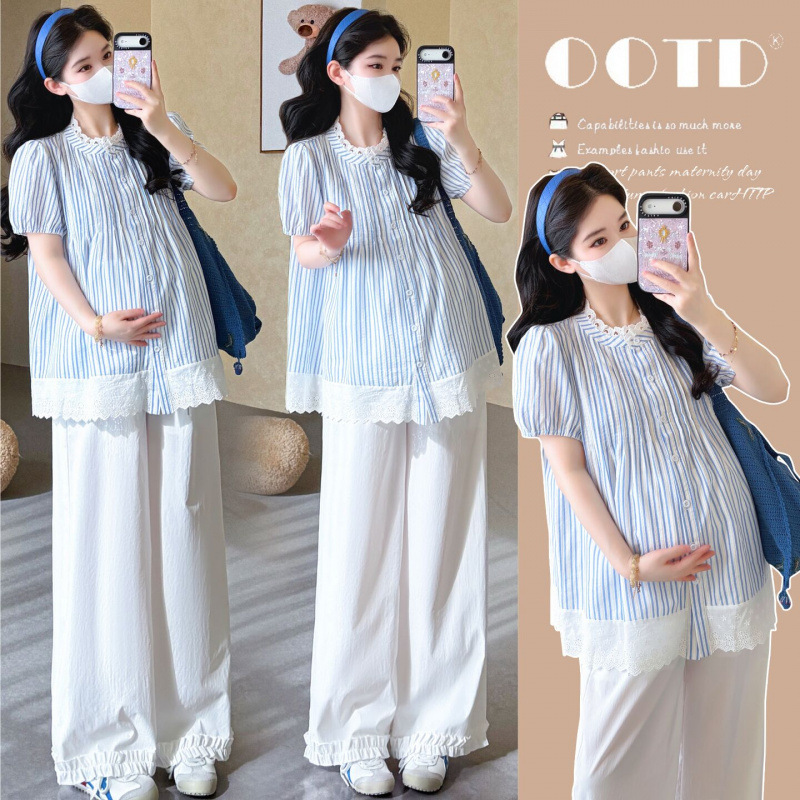 Maternity Summer Outfit Trendy Mom Fashion New Style Loose Slimming Lace Short-Sleeve Top Two-Piece Set