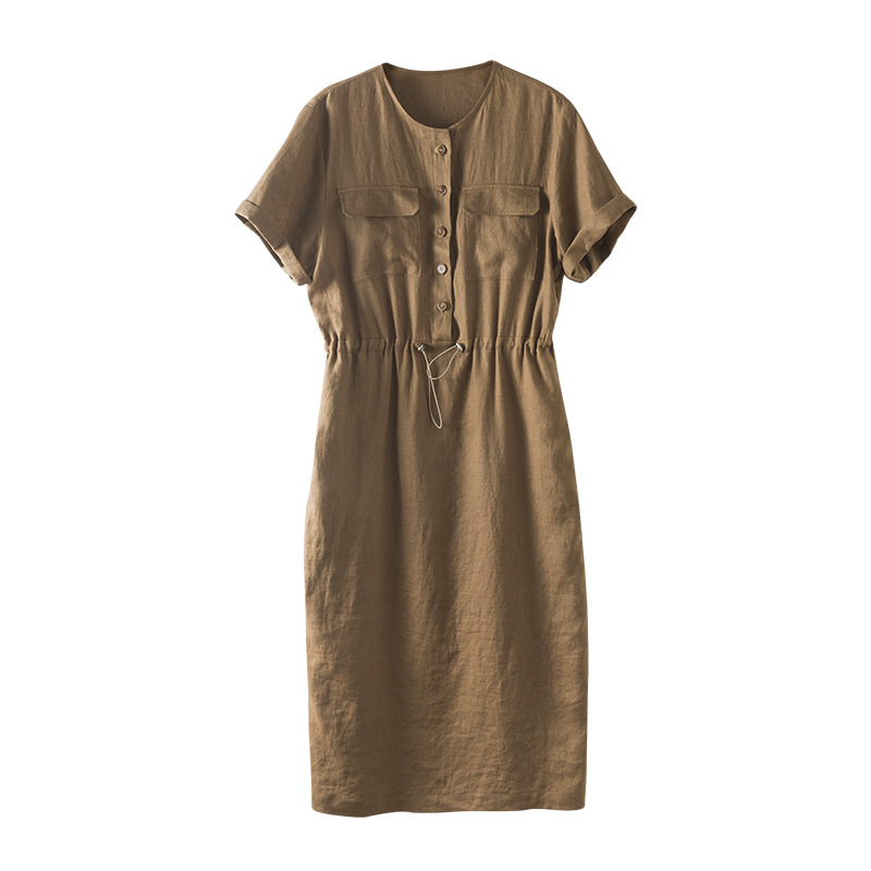 Đầm maxi nữ linen dáng rộng eo rút dây, thiết kế cắt may 3D — màu ô liu xanh