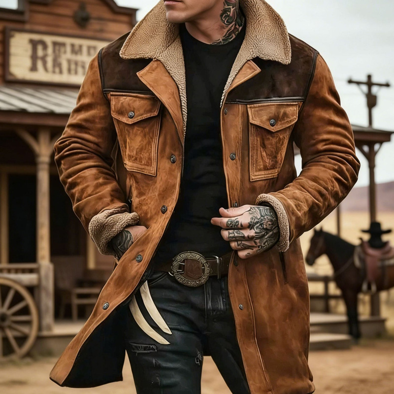 2026 Cross-Border Autumn and Winter Men's Jacket Retro Long European and American Style Suede Jacket Amazon Color-Blocking Patchwork Jacket 2026 Cross-Border Autumn and Winter Men's Jacket Retro Long European and American Style Suede Jacket Amazon Color-Blocking Patchwork Jacket